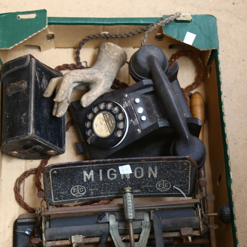 270 - A Mignon Vintage typewriter, a Vintage black dial telephone with on/off bell function etc (boxful)