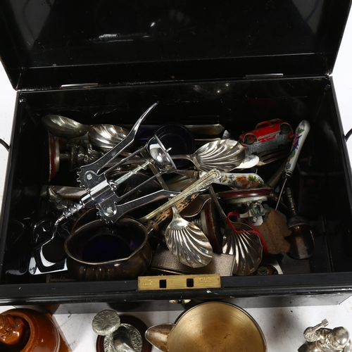 311 - Various plated and pewter figures, cutlery, and Deed tin