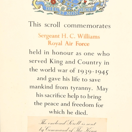 316 - An original Second World War commemorative scroll to Sgt HC Williams Royal Air Force, framed