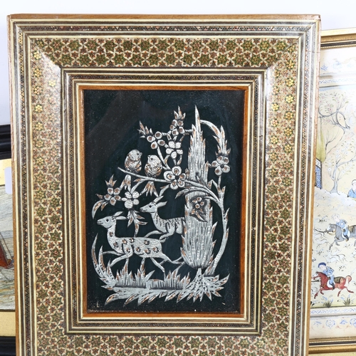 319 - B M Quick 19th century silk-work panel, fishing boats, framed, an Moorish framed silvered panel, and... 