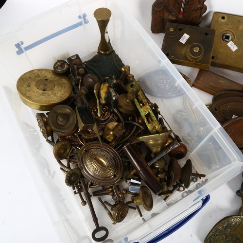 332 - Various Vintage brass locks, fleur de lis finial, pestle and mortar, dog nutcracker, mounts etc