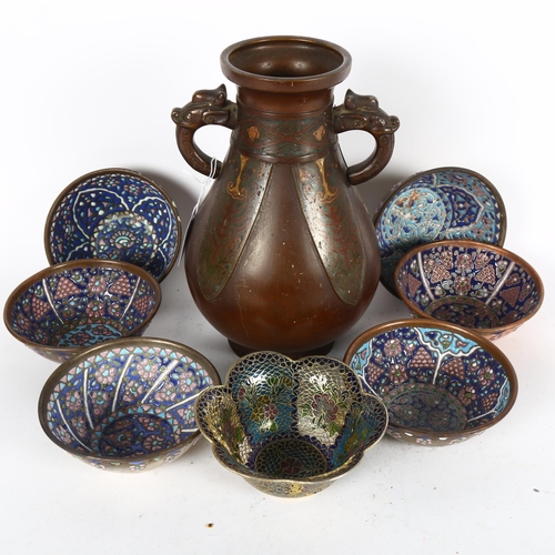 340 - An Archaic style bronze Hu vase, with enamelled panels and figural head scrolled handles, a set of 6... 