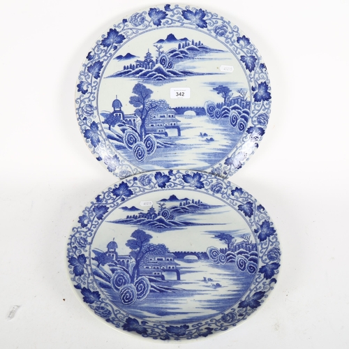 342 - A pair of large Chinese blue and white chargers, width 37cm