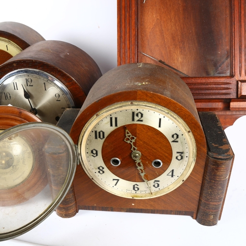 376 - 3 early 20th century oak dome-top mantel clocks, and an oak wall clock