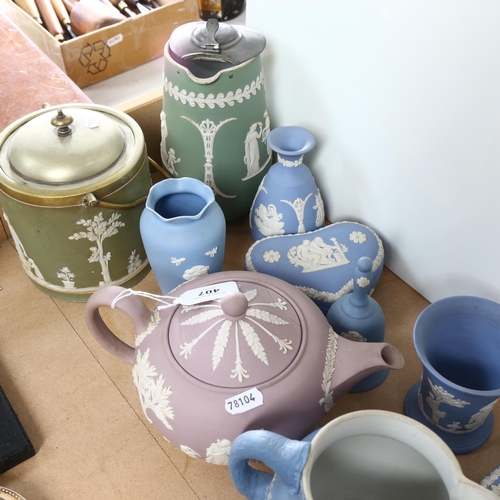 407 - Wedgwood Jasperware boxes, including a green biscuit jar with plated lid and swing handle