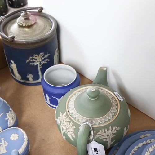 408 - A group of Wedgwood Jasperware, including boxes, blue biscuit jar and cover with plated lid and swin... 