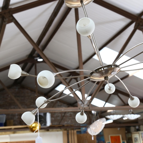 410 - A retro 12-branch polished metal ceiling light fitting, 60cm across approx, a glass pendant light sh... 