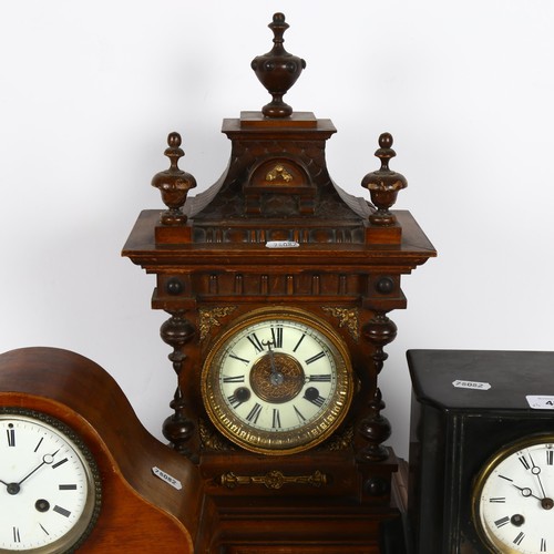 495 - An Edwardian mahogany mantel clock, a Victorian black slate clock, and a walnut-cased 14-day strikin... 