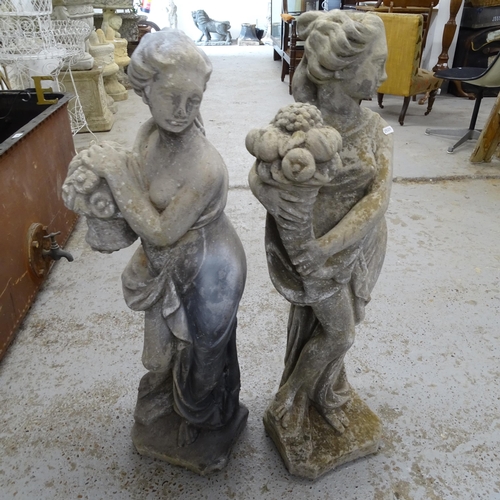 2681 - 2 similar concrete garden statues, ladies with flowers, H88cm