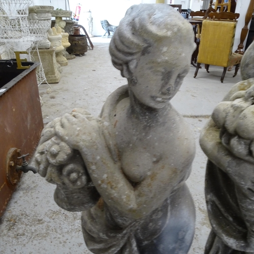 2681 - 2 similar concrete garden statues, ladies with flowers, H88cm