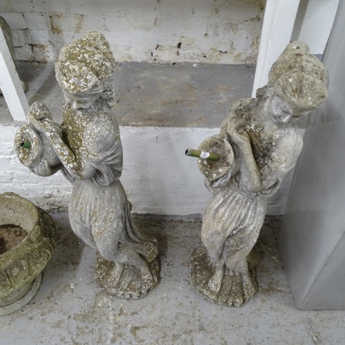 2699 - 2 weathered concrete garden statues/water features, in the form of girls, tallest H100cm