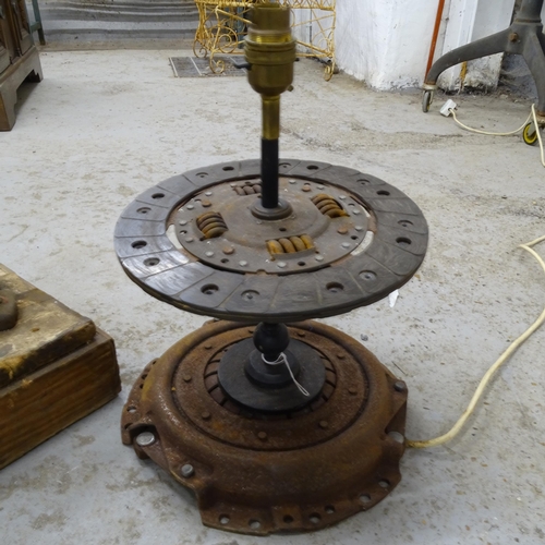 2705 - 2 industrial themed table lights, using reclaimed mechanical parts, largest H57cm