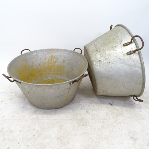 2711 - A pair of galvanised metal wash basins, with 4 cast-iron handles, D62cm, H32cm