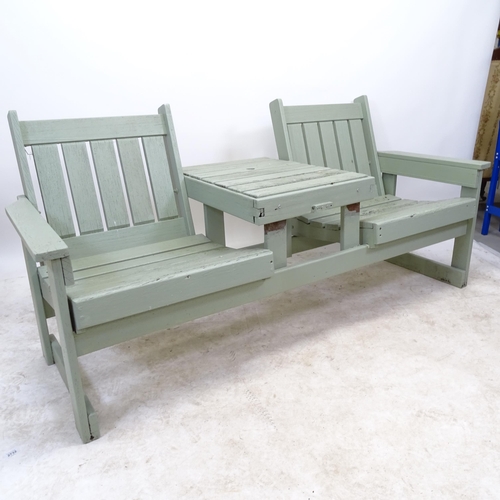 2722 - A painted and weathered wooden garden love seat, L173cm