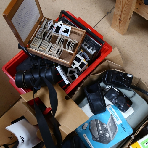 264 - A large quantity of slides, twin tape recorder, a Grundig radio, a Panasonic home adapter etc