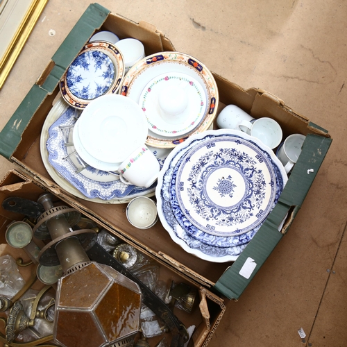 669 - 2 boxes of various ceramics, a copper lantern and other metalware