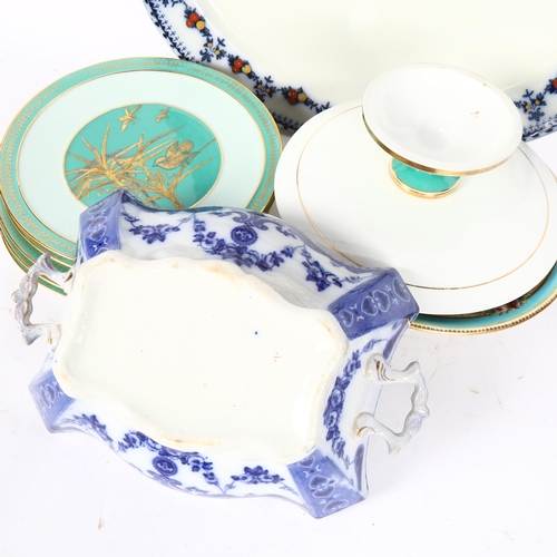 698 - A Victorian green glaze and gilded porcelain comport, and 5 matching plates, another Victorian blue ... 