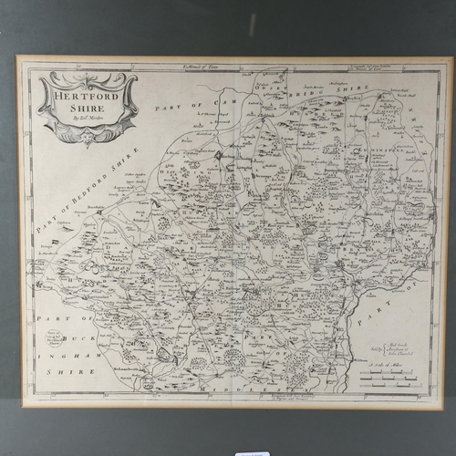 705 - Robert Morden Antique map engraving of Hertfordshire, image 37cm x 44cm, framed, overall frame dimen... 