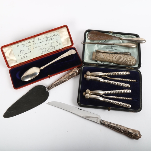 803 - Various silver-handled, carving knife, shoe horn, button hook, cased nutcracker set, Continental sil... 