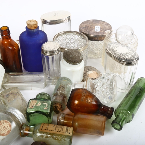 808 - 3 silver-topped dressing table bottles, various other glass inkwells and bottles