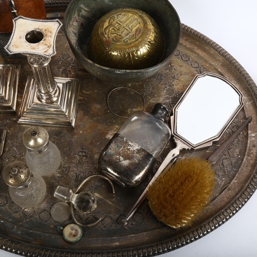 815 - An early 20th century silver and pink enamel dressing table brush and hand mirror, a pair of Corinth... 