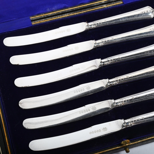 816 - A cased set of silver bean-end coffee spoons, and a cased set of silver-handled butter knives