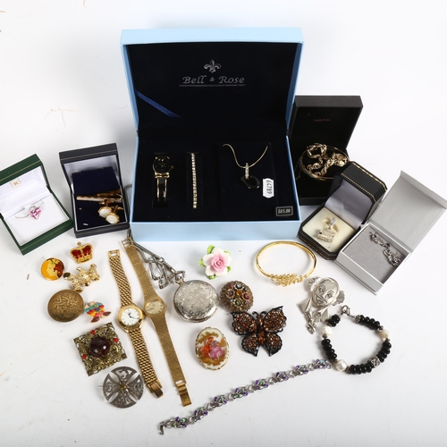 825 - BELL & ROSE - a cased watch, bracelet and necklace, costume brooches, silver necklaces etc