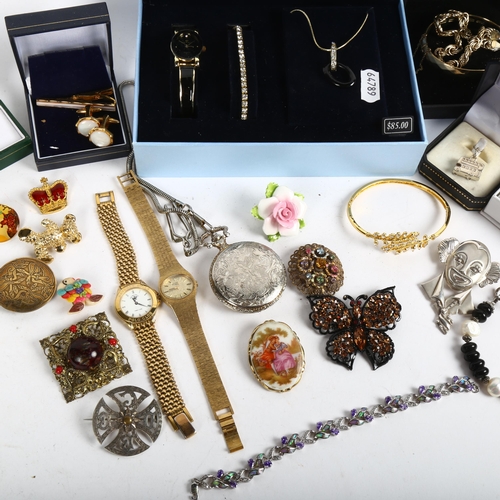 825 - BELL & ROSE - a cased watch, bracelet and necklace, costume brooches, silver necklaces etc