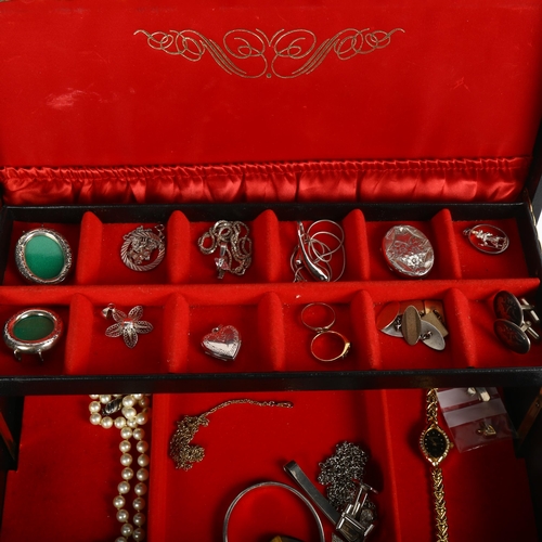 832 - Assorted costume jewellery, including some silver, and wristwatches, tigers eye pendant etc, in a ca... 