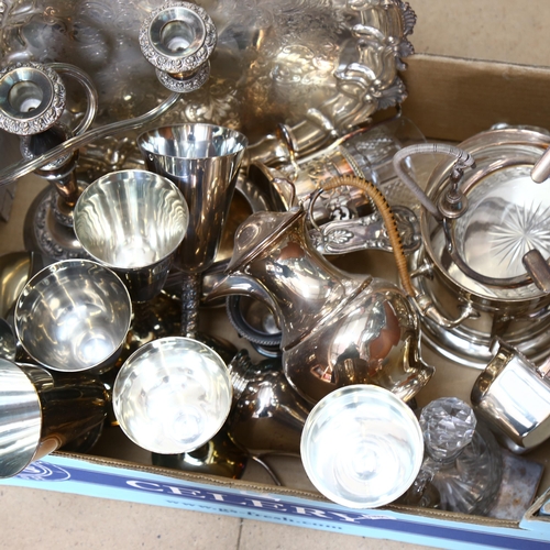 838 - A silver plated salver, a King's pattern ladle, goblets, hot water jug, candelabra etc (boxful)