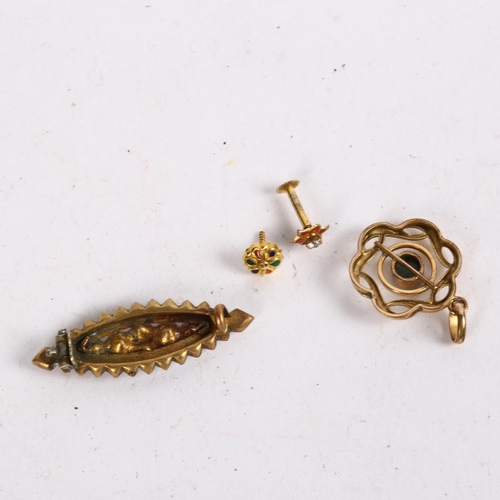 874 - A group of unmarked yellow metal jewellery, to include a stone set pendant, a stone set bar brooch, ... 