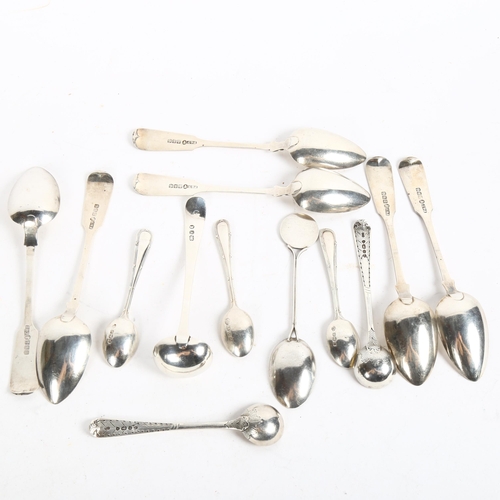 892 - A group of silver spoons, to include 6 Fiddle pattern teaspoons, a pair of Georgian bright-cut musta... 