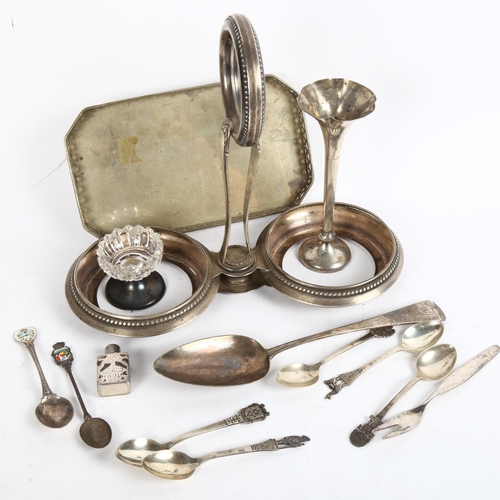 895 - A silver tablespoon, condiment stand, collector's spoons, a silver bud vase etc