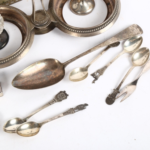 895 - A silver tablespoon, condiment stand, collector's spoons, a silver bud vase etc