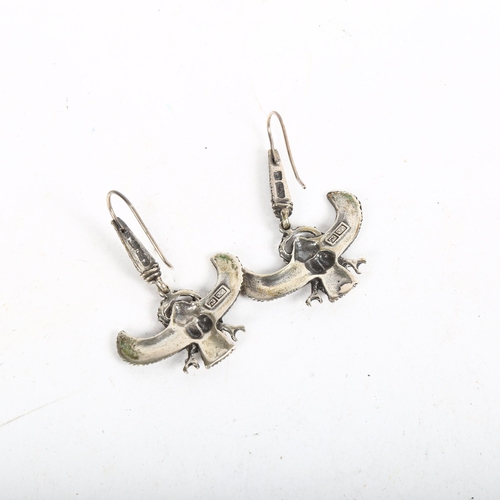 917 - A pair of Egyptian silver scarab beetle earrings, on shepherd hook fittings, earring height 44mm, 8.... 