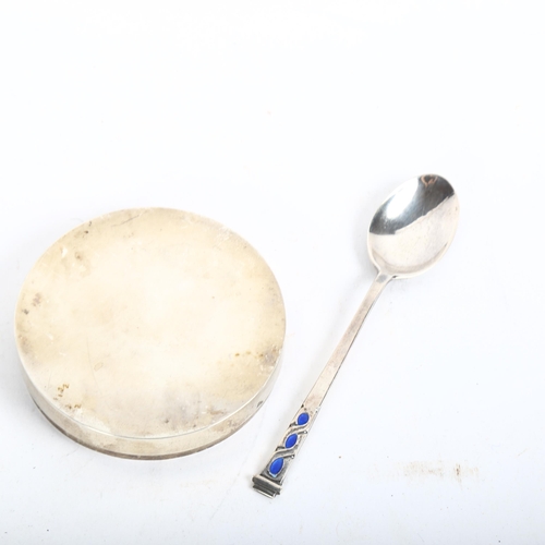 922 - LIBERTY & CO - an Elizabeth II silver and blue enamel coffee spoon, and an Edwardian circular silver... 