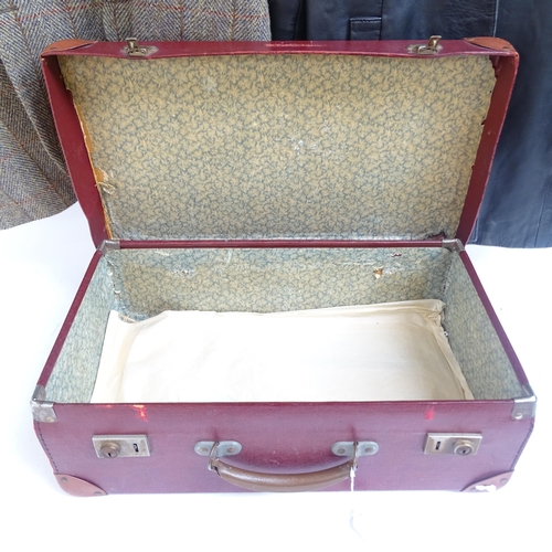 575 - A suitcase with a Harris Tweed wool jacket, a leather jacket, size XL