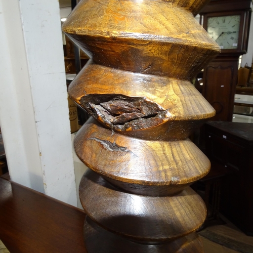 2155 - A French oak and elm spiral turned column, H81cm, and a mahogany and elm spiral turned column, H75cm... 