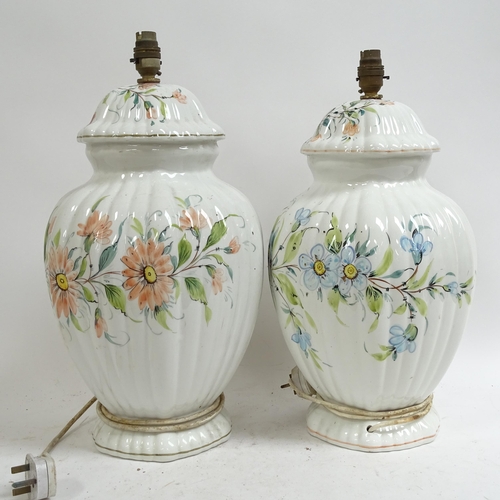 278 - A pair of large Italian ceramic table lamps, with floral decoration, height not including bayonet fi... 