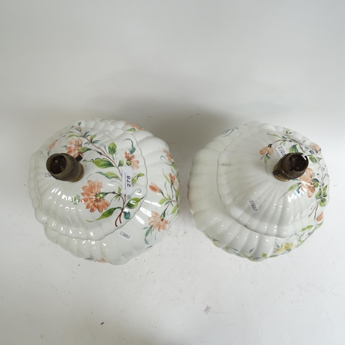 278 - A pair of large Italian ceramic table lamps, with floral decoration, height not including bayonet fi... 