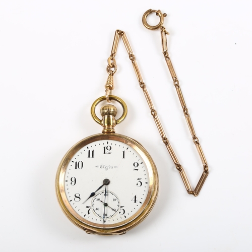 52 - ELGIN - a gold plated open-face keyless-wind pocket watch, white enamel dial with Arabic numerals, b... 