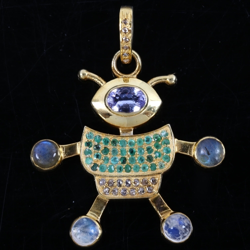 100 - A modern novelty gold plated gem set articulated figural alien pendant, set with iolite emerald moon... 