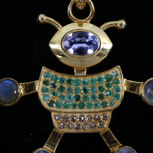 100 - A modern novelty gold plated gem set articulated figural alien pendant, set with iolite emerald moon... 