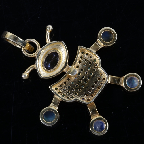 100 - A modern novelty gold plated gem set articulated figural alien pendant, set with iolite emerald moon... 