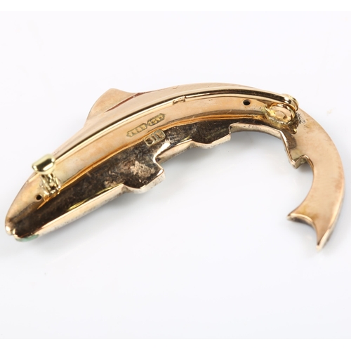 101 - An early 20th century 15ct rose gold silver and enamel novelty figural salmon fish brooch, hand pain... 