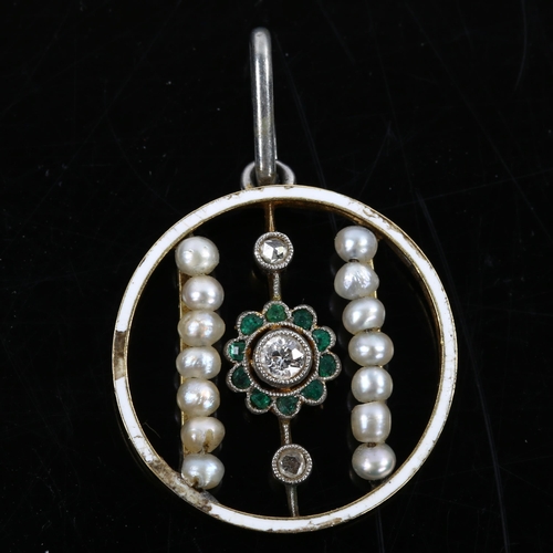 102 - An Edwardian emerald pearl and diamond openwork pendant, unmarked gold settings with white enamel bo... 