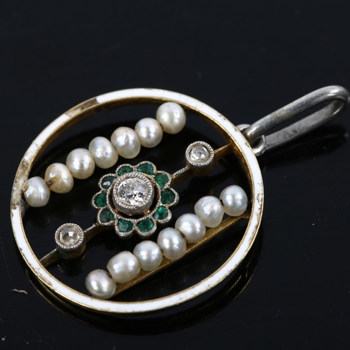 102 - An Edwardian emerald pearl and diamond openwork pendant, unmarked gold settings with white enamel bo... 