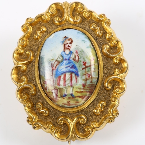 111 - A miniature Victorian watercolour on porcelain brooch, unmarked yellow metal settings, with hand pai... 