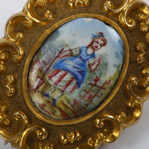 111 - A miniature Victorian watercolour on porcelain brooch, unmarked yellow metal settings, with hand pai... 