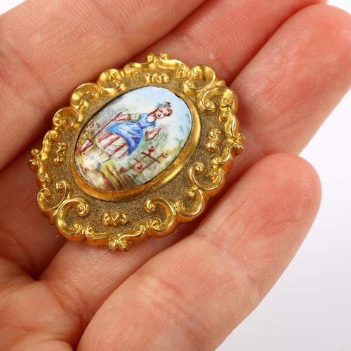 111 - A miniature Victorian watercolour on porcelain brooch, unmarked yellow metal settings, with hand pai... 